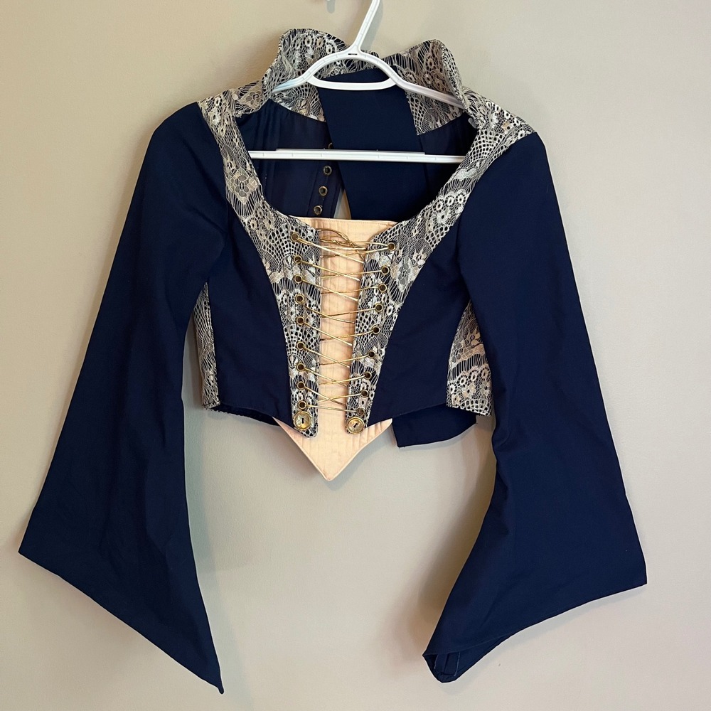 Navy Blue Lace Corset Top Bell Sleeve Renaissance Steampunk Bodice Edwardian